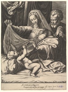 Madonna z Loreto, Dziewica podnosi zasłonę nad Dzieciątkiem, które leży na łóżku i poduszce..., 1575. autorstwa Giorgio Ghisi