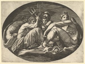 Pluton, Neptun, Minerwa i Apollo, z serii ośmiu kompozycji według Francesco P..., lata 60. XVI wieku. autorstwa Giorgio Ghisi