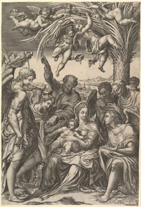 Odpocznij w ucieczce do Egiptu, Święta Rodzina pod palmą w otoczeniu aniołów, kład..., 1578. autorstwa Giorgio Ghisi