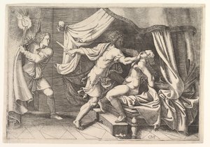 Tarquin atakujący Lukrecję, sługę po lewej będącą świadkiem sceny, ok. godz. 1540. autorstwa Giorgio Ghisi