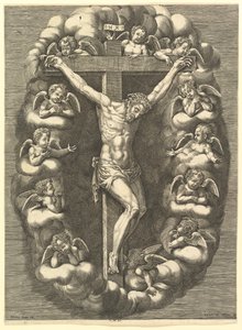 Chrystus ukrzyżowany w otoczeniu aniołów żałoby, 1575-1679. autorstwa Giorgio Ghisi