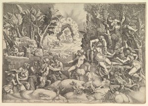 Śmierć Prokrysa, po prawej stronie Cephalos opłakujący śmierć Prokrysa w otoczeniu..., ok. godz. 1540. autorstwa Giorgio Ghisi