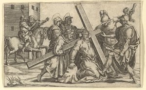 Matka Boska Bolesna: Chrystus niosący krzyż, jeden z dziewięciu okolicznych przedziałów f..., do 1575 r. autorstwa Giorgio Ghisi