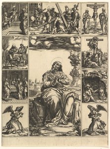 Matka Boska Bolesna, obraz Matki Boskiej otoczony dziewięcioma winietami przedstawia..., ok. godz. 1575. autorstwa Giorgio Ghisi