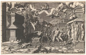 Wizja Ezechiela, grupa zwłok i szkieletów wyłaniających się z grobów, nad nimi ..., 1554.