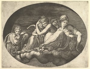 Wenus i Kupidyn, Dwie inne boginie i Putto, z serii ośmiu kompozycji z lat 60. XVI wieku. autorstwa Giorgio Ghisi