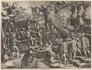 Sinon oszukuje trojany autorstwa Giorgio Ghisi after Giovanni Battista Scultori