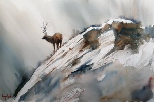 Łoś w zimowych górach autorstwa Giorgio Gosti