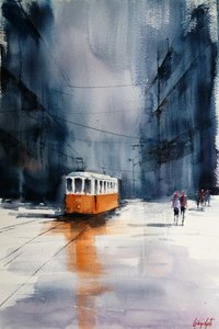Pomarańczowy tramwaj w deszczowym mieście autorstwa Giorgio Gosti