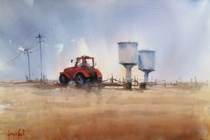 Czerwony traktor i wieże
