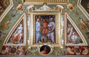 Szczegół pokoju Cosimo de Medicis przedstawiającego się z artystami i intelektualistami (fresk autorstwa Giorgio Vasari