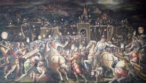 Włochy, Florencja, Palazzo Vecchio (Stary Pałac), Salone dei Cinquecento, Zdobycie fortu w pobliżu Port Camollia w Sienie autorstwa Giorgio Vasari