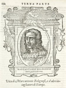 Mediolan, Biblioteca Braidense, Vite de piv excellent, Giorgio Vasari 1568, Marcantonio Bolognese autorstwa Giorgio Vasari
