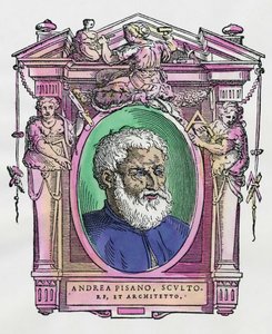 Portret Andrei Pisano (1290-1349) włoskiego rzeźbiarza i architekta. Grawerowanie przysmaku „Życie najwybitniejszych malarzy, rzeźbiarzy i architektów” (Le Vite de