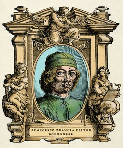 Portret Francesco FRANCIA (1450-1517) włoskiego malarza. Grawerowanie traktatu „„ Żywoty najwybitniejszych malarzy, rzeźbiarzy i architektów ”” (Le Vite de