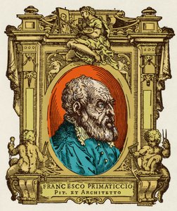 Portret Francesco Primaticcio zwanego Prymatykiem (1504-1570) malarza, rzeźbiarza i architekta. Był członkiem Ecole de Fontainebleau. Grawerowanie przysmaku „Życie najwybitniejszych malarzy, rzeźbiarzy i architektów”” (Le Vite de