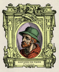 Portret Giovanniego da Udine (Giovanni Nanni) (1487-1564). Włoski malarz i architekt. Grawerowanie przysmaku „Życie najwybitniejszych malarzy, rzeźbiarzy i architektów”” (Życie najwybitniejszych malarzy, rzeźbiarzy i architektów) autorstwa Giorgio autorstwa Giorgio Vasari