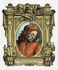 Portret RAFFAELLINO DEL GARBO (Raffaellino de Carli) (1466-1525) włoskiego malarza. Grawerowanie przysmaku „Życie najwybitniejszych malarzy, rzeźbiarzy i architektów”” (Życie najdoskonalszych malarzy, rzeźbiarzy i architektów) autorstwa Giorgio Vasara autorstwa Giorgio Vasari