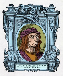 Portret Rafaela (Raffaello Sanzio 1483 - 1520) Włoski architekt i malarz. Grawerowanie przysmaku „Życie najwybitniejszych malarzy, rzeźbiarzy i architektów” (Le Vite de