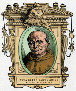 Portret florenckiego malarza Fra Bartolomeo (1473-1517) .. Grawerowanie przysmaku „„ Żywoty najwybitniejszych malarzy, rzeźbiarzy i architektów ”” (Życie najwybitniejszych malarzy, rzeźbiarzy i architektów) – Giorgio Vasari autorstwa Giorgio Vasari