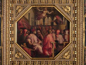Przemówienie Antonio Giacominiego na temat wojny przeciwko Pizie w Sala dei Duecento autorstwa Giorgio Vasari