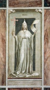 Wiara, postać kobieca trzymająca Krzyż i zwój symbolu Prawdy Objawionej, podczas niszczenia bożka i stojąca na symbolach kabały, autorstwa Giotta, cykl fresków Wady i cnoty, po renowacji, Kaplica Scrovegnich, Padwa, Wenecja Euganejska, Włochy. autorstwa Giotto (c.1266 1337)