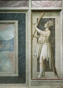 Głupota, postać męska z ustami zamkniętymi na zamek, maczuga w prawej ręce, głowa pokryta piórami i pawi ogon, autorstwa Giotto, detal z cyklu fresków Wady i cnoty, po renowacji w 2002 r., Kaplica Scrovegnich, Padwa, Wenecja Euganejska , Włochy. autorstwa Giotto (c.1266 1337)