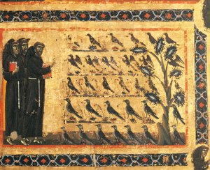 Historie św. Franciszka: kazanie św. Franciszka do ptaków, fresk Giotta (1267-1337), ok. 1325. Kaplica Bardi Vernio, bazylika Santa Croce, Florencja. Włochy