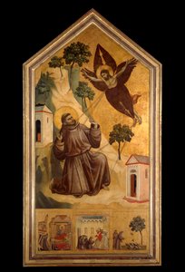 Św. Franciszek z Asyżu otrzymujący stygmaty Tempera na drewnie przez Giotto di Bondone (1266-1337) około 1300 r. niedz. 3,13x1,63m. - Stygmaty św. Franciszka. Tempera na drewnie Giotto di Bondone (1266-1337) około 1295-1300. 3,13 x 1,63 m. Muzeum w Luwrze,