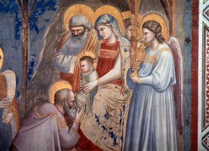 Adoracja Trzech Króli. Szczegół ukazujący maga pada na twarz przed Jezusem w ramionach Maryi pomiędzy Aniołem a Świętym Józefem (Fresco autorstwa Giotto (c.1266 1337)