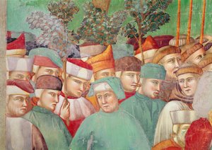 Św. Klara obejmuje zwłoki św. Franciszka, fragment tłumu po prawej stronie, 1297-99 (fresk) (detal 63354) autorstwa Giotto di Bondone