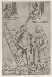 Mężczyzna wspina się po drabinie, a kobieta oblewa go wodą z góry, 1575-99.