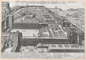 Lustro rzymskiej świetności: widok z lotu ptaka Belwederu i jego ogrodów, 1579., 1579. autorstwa Giovanni Ambrogio Brambilla.