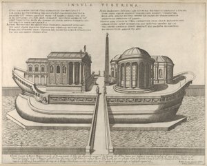 Widok na Wyspę Tybru reprezentowaną jako statek, Świątynia Eskulapa po lewej, 1582., 1582.