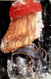 Portret Maksymiliana Sforzy (1490 - 1530). Miniatura Giovanniego Ambrogio De Predis (w. 1455 - 1508).