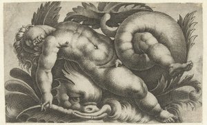 Śpiące putto na delfinie Putti o morskich stworzeniach (tytuł serii)