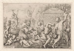 Bacchanal met altaar, faun en Silenus