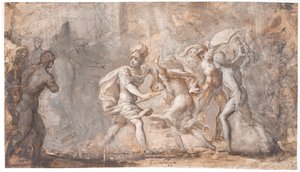 Tarpeia zmiażdżona pod tarczami Sabinów autorstwa Giovanni Angelo Canini