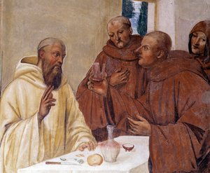 Benedykt tłucze kieliszek zatrutego wina czyniąc znak krzyża Detal fresk kryjówki autorstwa Antonio Bazzi dit il Sodoma (1477 - 1549) opowiadający o życiu św. Benedykta z Nursji (480 - 567) założyciela Zakonu Benedyktynów 1503 - 1508 autorstwa Giovanni Antonio Bazzi Sodoma