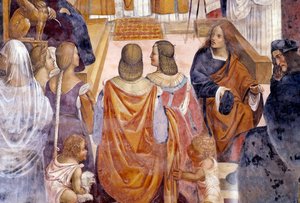 Benedykt ekskomunikował dwie zakonnice i rozgrzeszył je po ich śmierci Szczegół Fresk krużgankowy autorstwa Antonio Bazzi dit il Sodoma (1477 - 1549) opowiadający o życiu św. Benedykta z Nursie (480 - 567) założyciela zakonu benedyktynów 1503 - 1508 Opactw autorstwa Giovanni Antonio Bazzi Sodoma