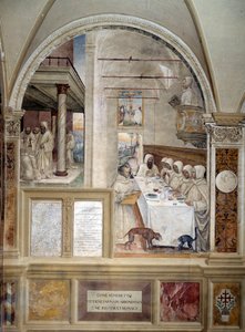 Benedykt dostaje pod dostatkiem mąki i karmi mnichów fresk klasztorny wykonany przez Antonio Bazzi dit il Sodoma (1477 - 1549) opowiadający o życiu św. Benedykta z Nursji (480 - 567) założyciela Zakonu Benedyktynów 1503 - 1508 Opactwo Monte Oliveto autorstwa Giovanni Antonio Bazzi Sodoma