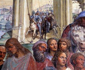 Jak Benedykt spotyka młodych Rzymian Maura i Placyda (Święty Benedykt poznaje młode powieści Maura i Placyda) Fragment eskorty młodych mężczyzn opuszczających Rzym - Fresk garderoby wykonany przez Antonio Bazzi dit il Sodoma (1477 - 1549) opowiadający o ży autorstwa Giovanni Antonio Bazzi Sodoma