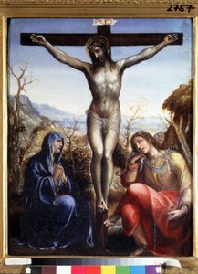 La crucifixion avec la Vierge et Jean Baptiste (Ukrzyżowanie z Dziewicą i Janem Chrzcicielem). Na krzyżu napis „I.N.R.I.” (INRI). Obraz Sodomy (lub Giovanniego Antonio Bazzi autorstwa Giovanni Antonio Bazzi Sodoma