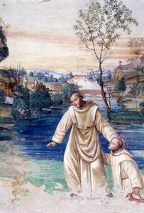 Maur idzie po wodzie, by uratować św. Łagodny Szczegół Fresk w krużgankach autorstwa Antonio Bazzi dit il Sodoma (1477 - 1549) opowiadający o życiu św. Benedykta z Nursji (480 - 567) założyciela zakonu benedyktynów 1503 - 1508 Opactwo Monte Oliveto Maggior