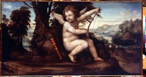 Krajobraz z Kupidynem (Pejzaż z Kupidynem) - Obraz Giovanniego Antonio Bazzi, znanego jako Le Sodoma (1477-1549) - Olej na płótnie, 68 x 129 cm, około 1510 - Szkoła Sieny, Renesans włoski - Muzeum Ermitażu, Sankt Petersburg