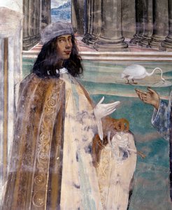 Św. Benedykt naprawia złamane sito Autoportret artysty - Detal Fresk garderoby zrealizowany przez Antonio Bazzi dit il Sodoma (1477 - 1549) opowiadający o życiu św. Benedykta z Nursji (480 - 567) założyciela Zakonu Benedyktynów 1503 - 1508 autorstwa Giovanni Antonio Bazzi Sodoma