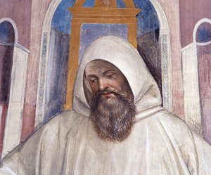 Św. Benedykt nadaje regułę mnichom z oliwek. Szczegółowy fresk garderoby wykonany przez Antonio Bazzi dit il Sodoma (1477 - 1549) opowiadający o życiu św. Benedykta z Nursie (480 - 567) założyciela Zakonu Benedyktynów 1503 - 1508 Opactwo Monte O autorstwa Giovanni Antonio Bazzi Sodoma