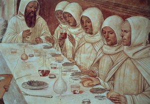 Św. Benedykt, który zdobył dużo mąki i nakarmił mnichów, fragment z Żywotu św. Benedykta autorstwa Giovanni Antonio Bazzi Sodoma
