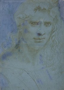 Popiersie młodych zwieńczone cierniami i pędami winorośli, ok. godz. 1495 (metalowa końcówka na niebieskim przygotowanym papierze) autorstwa Giovanni Antonio Boltraffio
