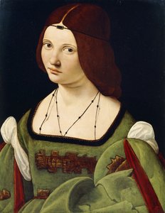 Portret damy, podobno Clarice Pusterla, do połowy długości, w zielonej sukience,